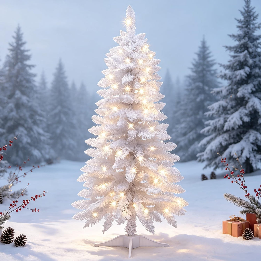 Juegoal 4 FT Pre-lit White Christmas Tree, Lighted Artificial Pine Tree, Pencil Pine Tree with Warm White Lights, 8 Lighting Mode, Battery Powered & Timer for Xmas Holiday Winter Home Party Decor
