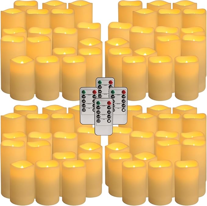 pliadvbu Flameless LED Candles 72 Pack, Outdoor Realistic Waterproof Votive Candles with 4 Remote Control and Timer for Halloween Wedding Festival Decor, (H 4" 5" 6" x D 2.2")