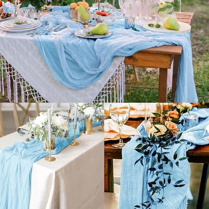 20 Pack Baby Blue Cheesecloth Table Runner 20 x 120 Inch Long Rustic Gauze Cheese Cloth Table Runner for Wedding 10FT Bridal Baby Shower Table Decorations Boho Fabric Sheer Birthday Party Table Decor