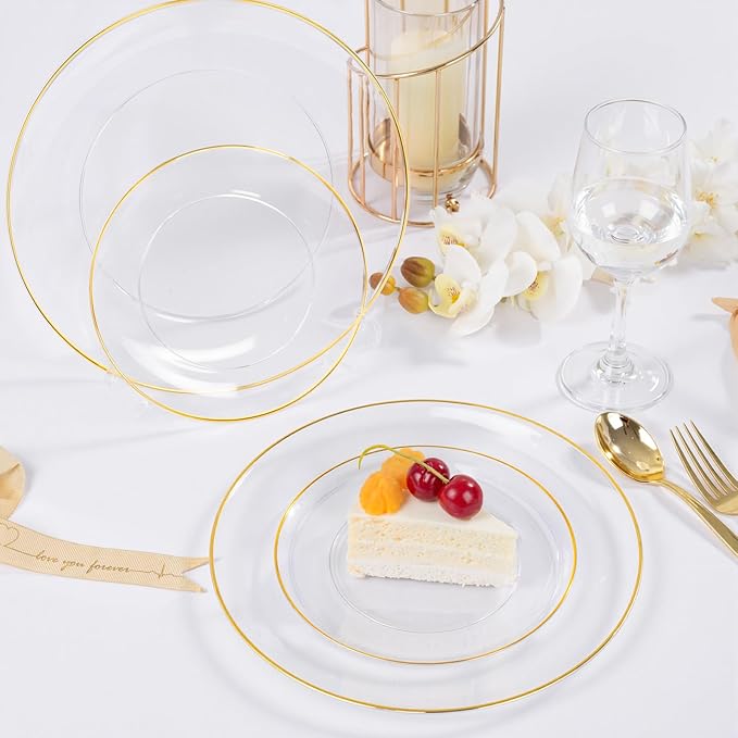 bUCLA 100PCS Clear and Gold Plastic Plates - Clear Disposable With Gold Rim Include 50 Each (10 inch Dinner & 7 inch Dessert) Plates, Ideal for Party & Thanksgiving