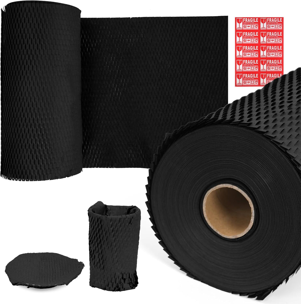 Black Honeycomb Packing Paper 2 Rolls, 15 x 164 ft, 100 Fragile Labels