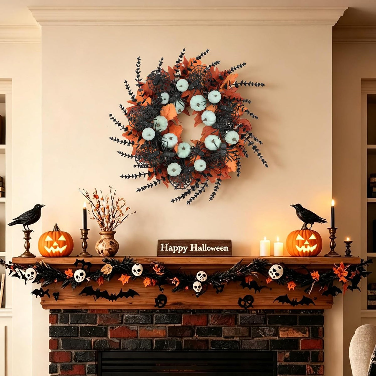 idyllic 24" halloween wreath pumpkins maple black spiders on a desk or shelf