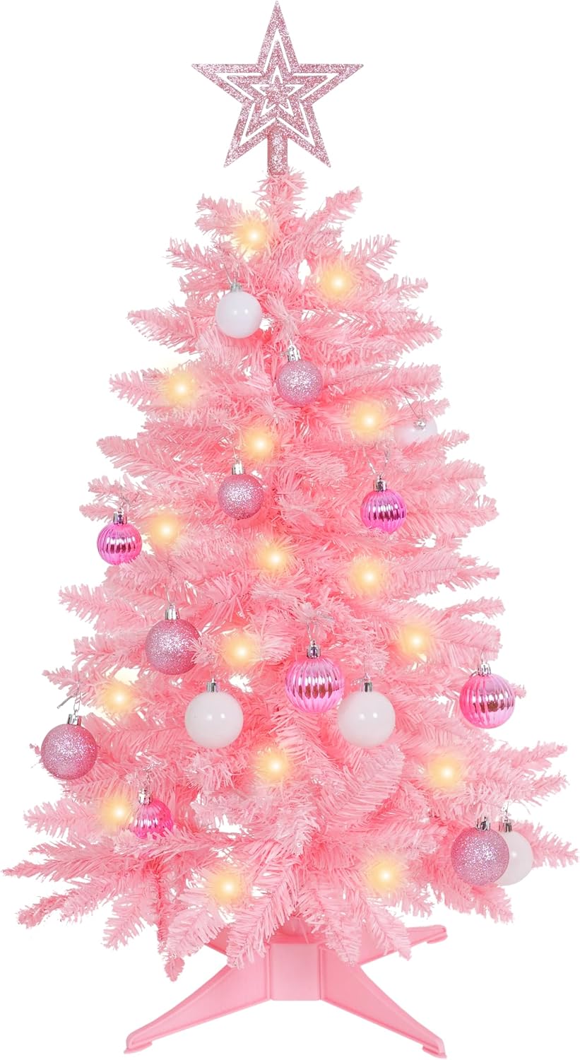 SUNSHINE DECOR Pink Christmas Tree with Light 3ft Artifical Full Christmas Tree with Ball & Star Ornaments 8 Lighting Modes for Holiday Decor