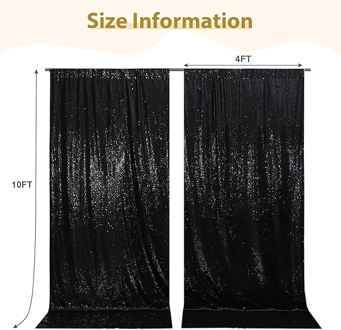 SquarePie Sequin Backdrop Curtain 8FT x 10FT Black Satin Backing Fabric Photography Background for Wedding Patry 4FT x 10FT 2 Panels (2 PCS)