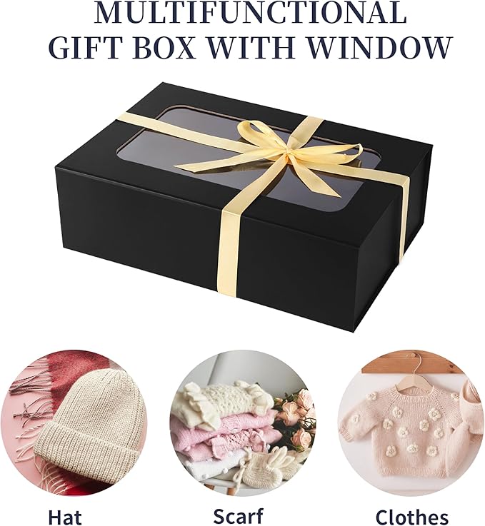 Black Large Gift Boxes with Window, 13.5"x9"x4.3" Bridesmaid Boxe for Gift Giving,Birthday Gift Box with Magnetic,Closure Lid Gift Boxes for Presents,Cute Boxe,Luxury for Gift Packaging,Gift Box for Wrapping Gifts