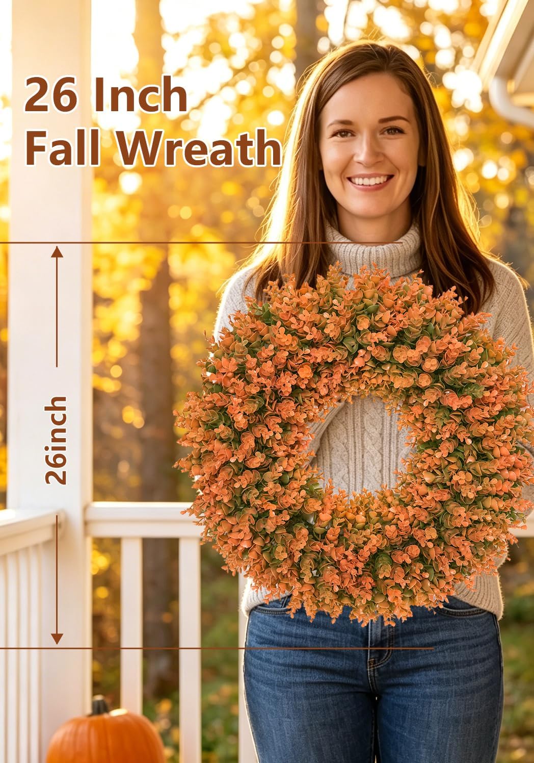 26" fall wreath for front door, outdoor autumn on a desk or shelf