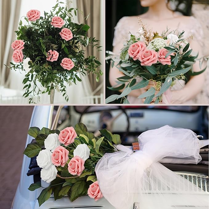 200PCS Artificial Flowers Pink Roses Real Looking Foam Fake Roses with Leaves for DIY Wedding Bouquets Bridal Shower Party Decorations (Pink, 200)