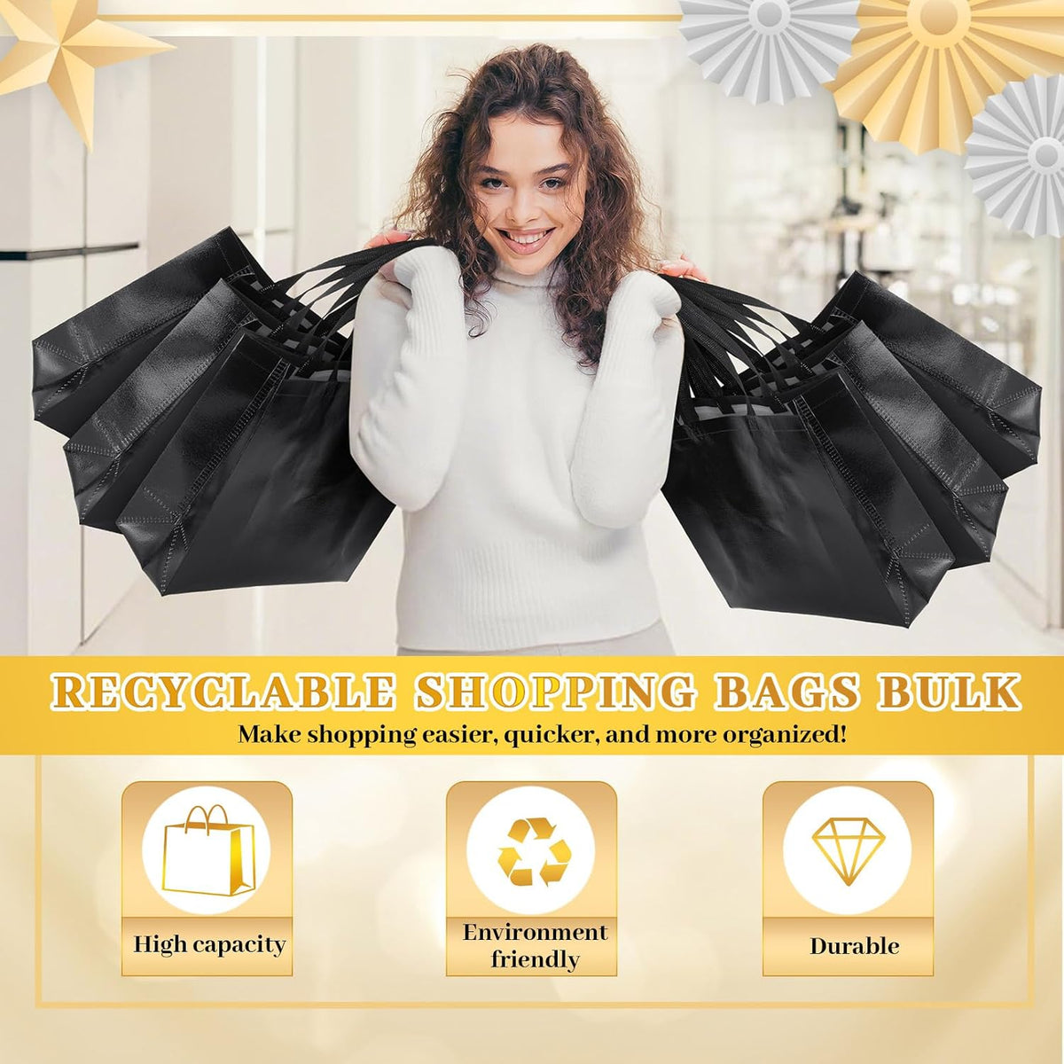 epakh 48 pcs black reusable gift bag with, side view