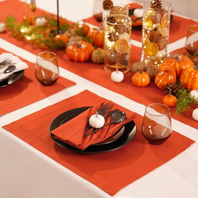 Pumpkin Table Runner 120 Inch–Cotton Linen Hemstitch Farmhouse Table Runner 14x120 – Washable Fabric for Dining, Fall, Halloween, Thanksgiving, Spring, Summer, Wedding, Everyday Décor–Serena