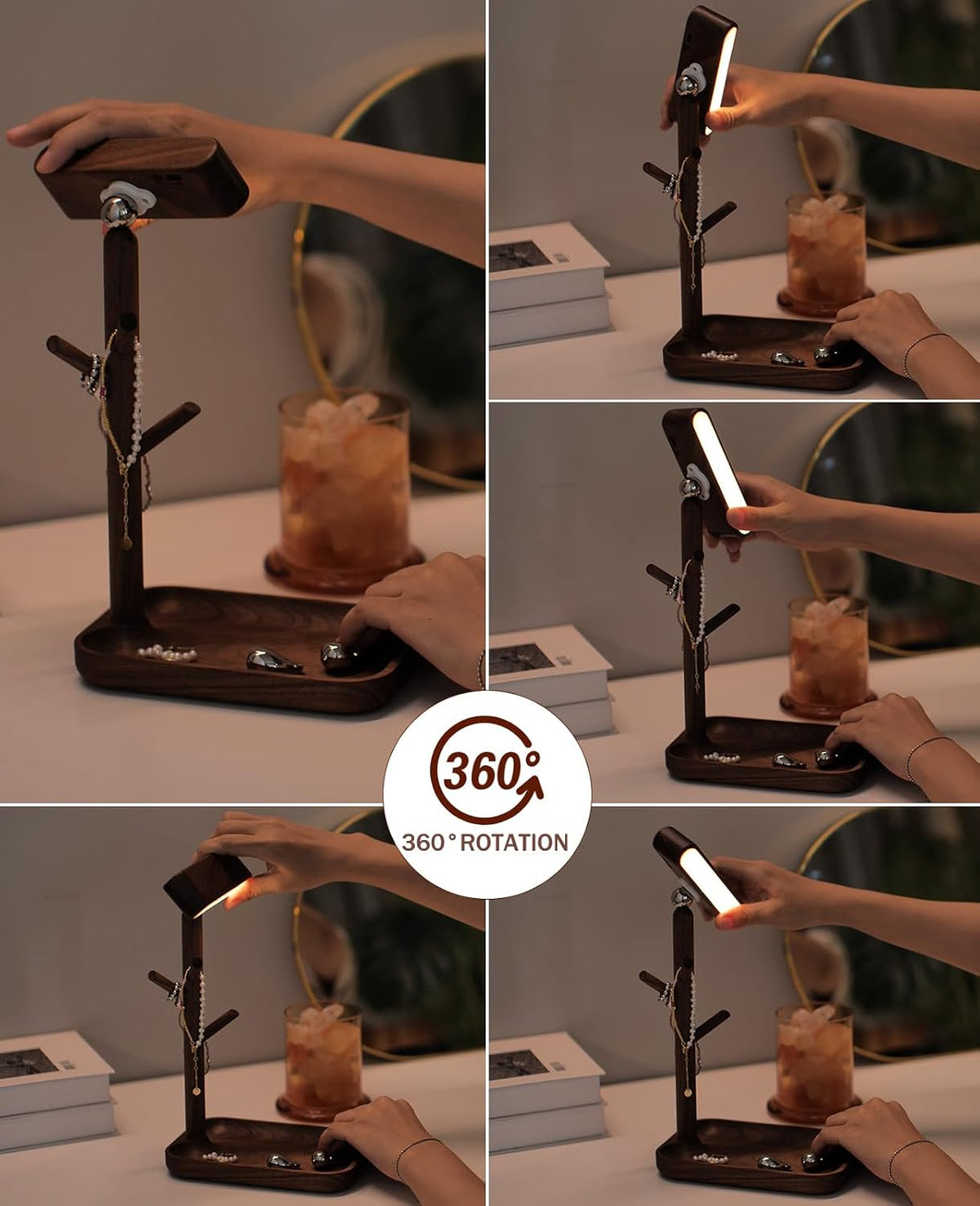 rechargeable table lamp, unique wooden bedside lamp with, side view