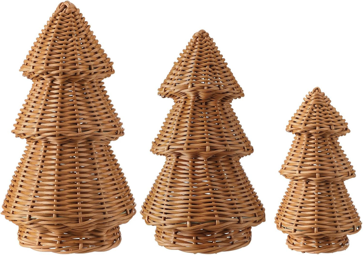 MiniInflat 3 Pcs Woven Rattan Christmas Tree Decor, Classic Weave, Burlywood