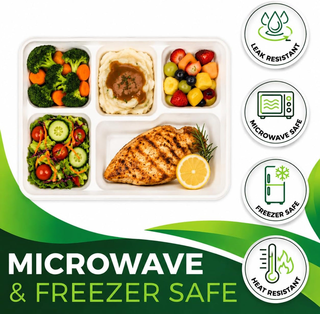 large 5-compartment plate disposable(12.5"x8.5"), 100 plates, disposable paper showing dimensions