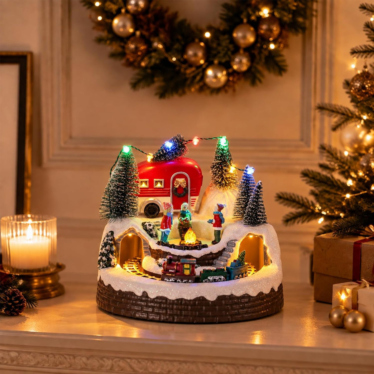 MUMTOP Animated Christmas Village Camper with Moving Train, Holiday Display