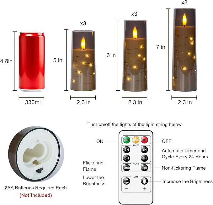 Raycare Flameless Candle with Remote Timer – 9 Flickering Acrylic Battery Operated LED Pillar Candles with Embedded Star String for Halloween, Fall Decor, Harvest Festival Gifts(Grey) (9 Pcs)