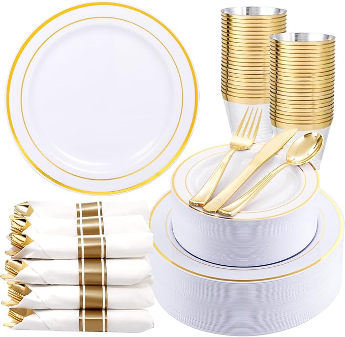 350Piece Gold Dinnerware Set for 50 Guests - Gold Plastic Plates with Disposable Cutlery Include:50Dinner Plates-50Dessert Plates-50Pre Rolled Napkins with Silverware for Thanksgiving