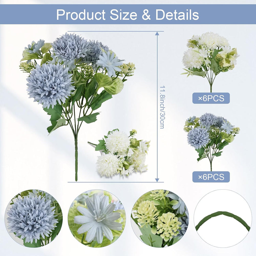 Dusty Blue White Artificial Flowers 12 Bundles Silk Floral with Stem