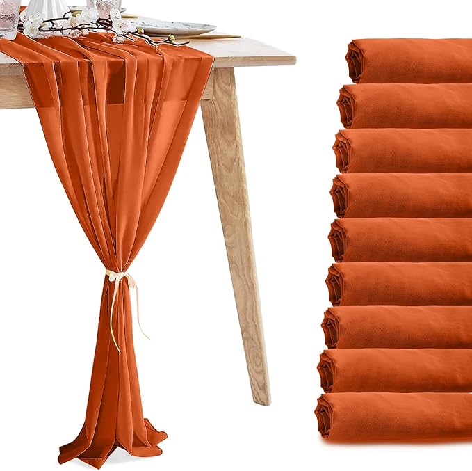 10 Pack 10ft Terracotta Chiffon Table Runners Wedding Table Runner Sheer Romantic Tulle Table Runner for Christmas Wedding Bridal Tea Party Baby Shower Birthday Party Table Decorations(120 x 12 in)