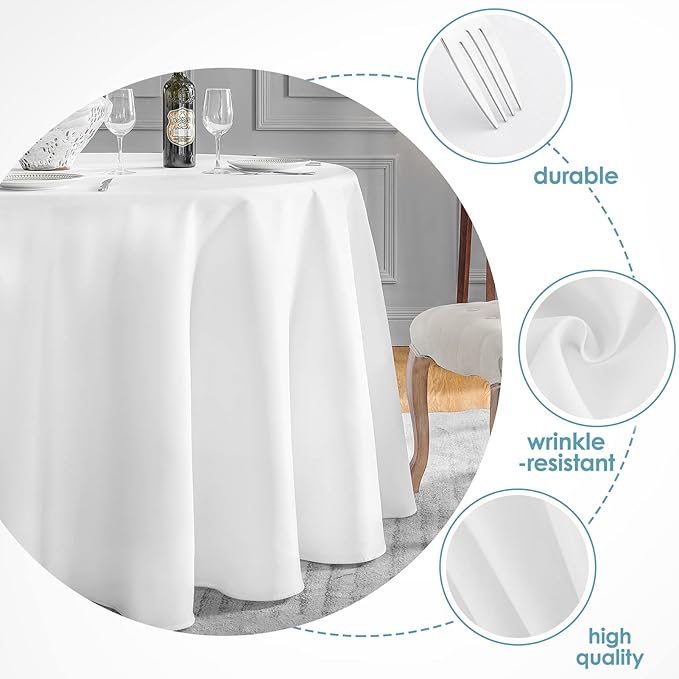 VidaFete 6 Pack 90inch Round Tablecloth Polyester Table Cloth，Stain Resistant and Wrinkle Polyester Dining Table Cover for Kitchen Dinning Party Wedding Rectangular Tabletop Buffet Decoration(White)