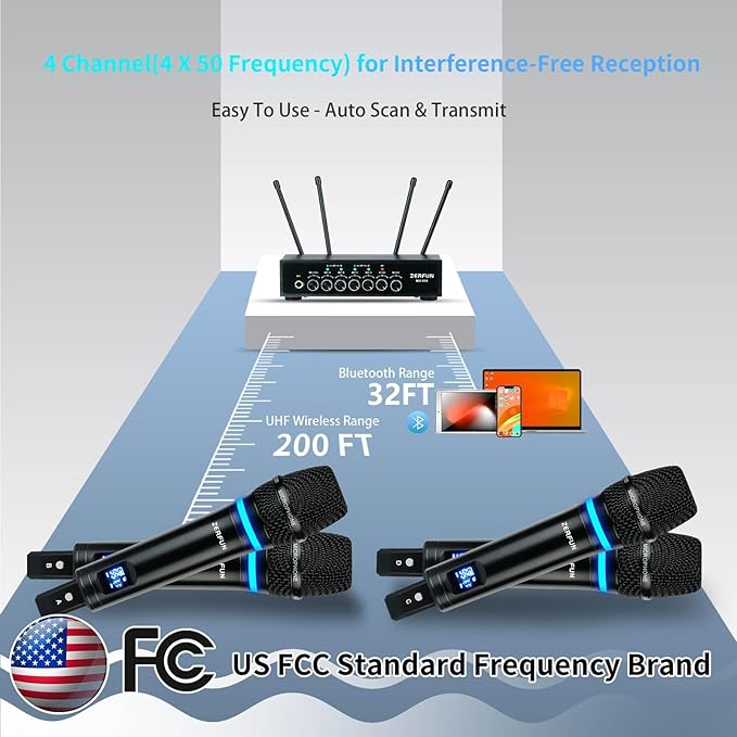 4 Channel Rechargeable Wireless Microphone System, Pro UHF Metal Handheld Wireless Microphones Cordless Mics with Echo Bluetooth VOL Channel Control for Karaoke Singing Church(MU-898)
