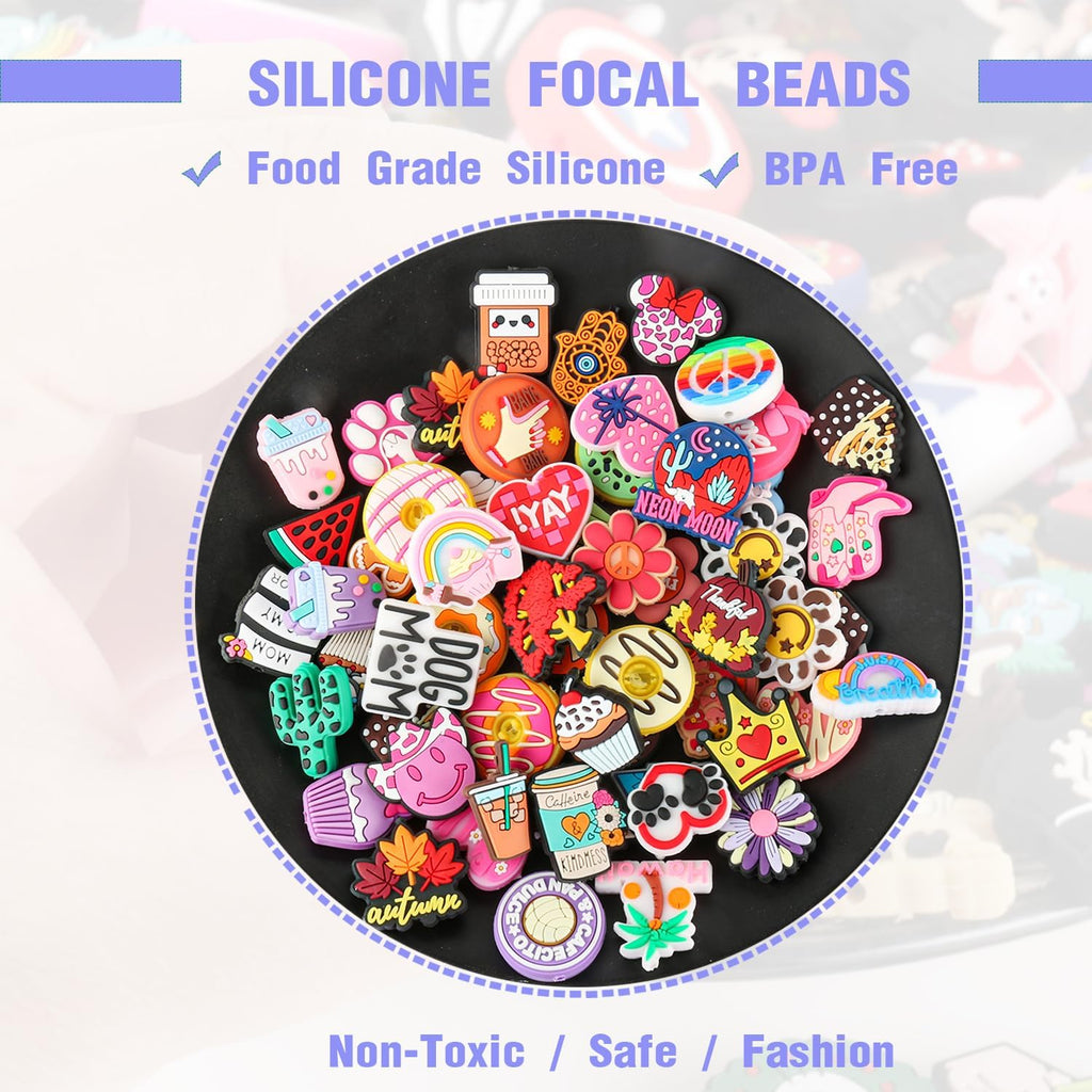 non-repeat cartoon silicone focal beads for pens, random showing dimensions