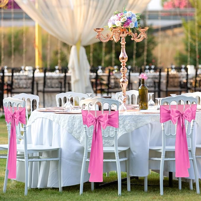 50 PCS Pink Satin Chair Sashes Bows Universal Chair Ribbon Ties Back Sash for Wedding Party Reception Events Banquets Hotel Event Chair Cover Decoration (7x108 inch)