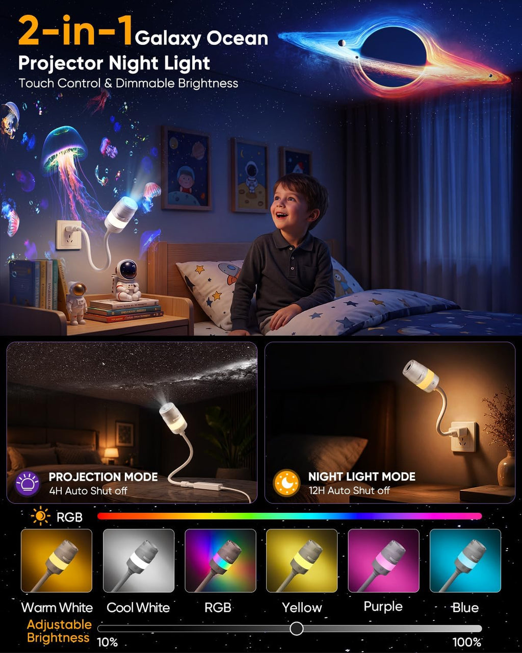 2-in-1 Galaxy Star Ocean Night Light Projector Plug and Play HD 5D