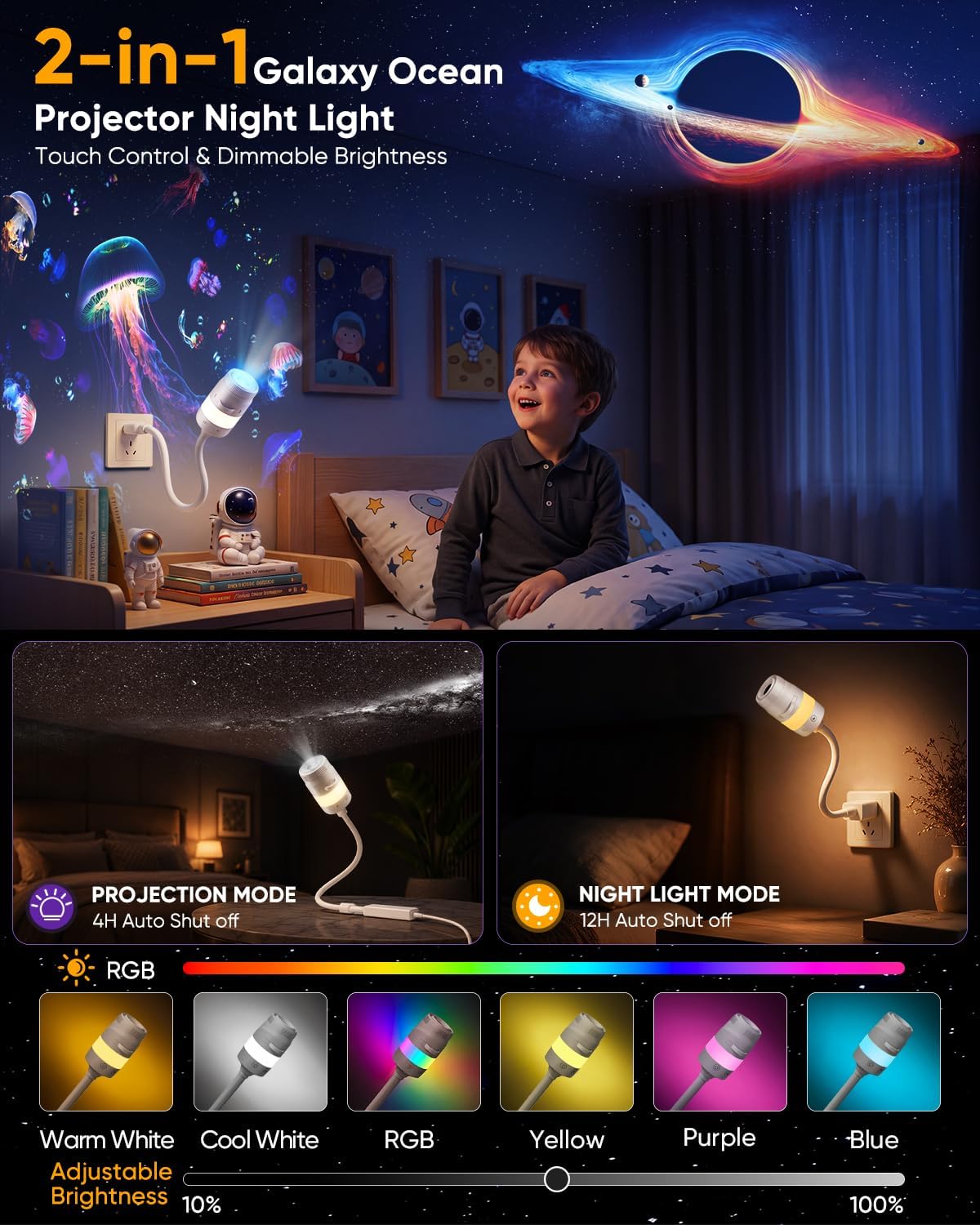 2-in-1 Galaxy Star Ocean Night Light Projector Plug and Play HD 5D