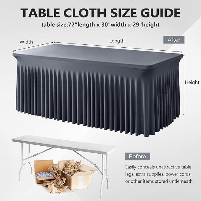 Wish Care 2 Pack Gray Spandex Table Clothes for 6 Foot Rectangle Tables, 6FT Wrinkle Free Fitted Tablecloths Ruffles Design Table Cover for Party, Banquet, Wedding and Events