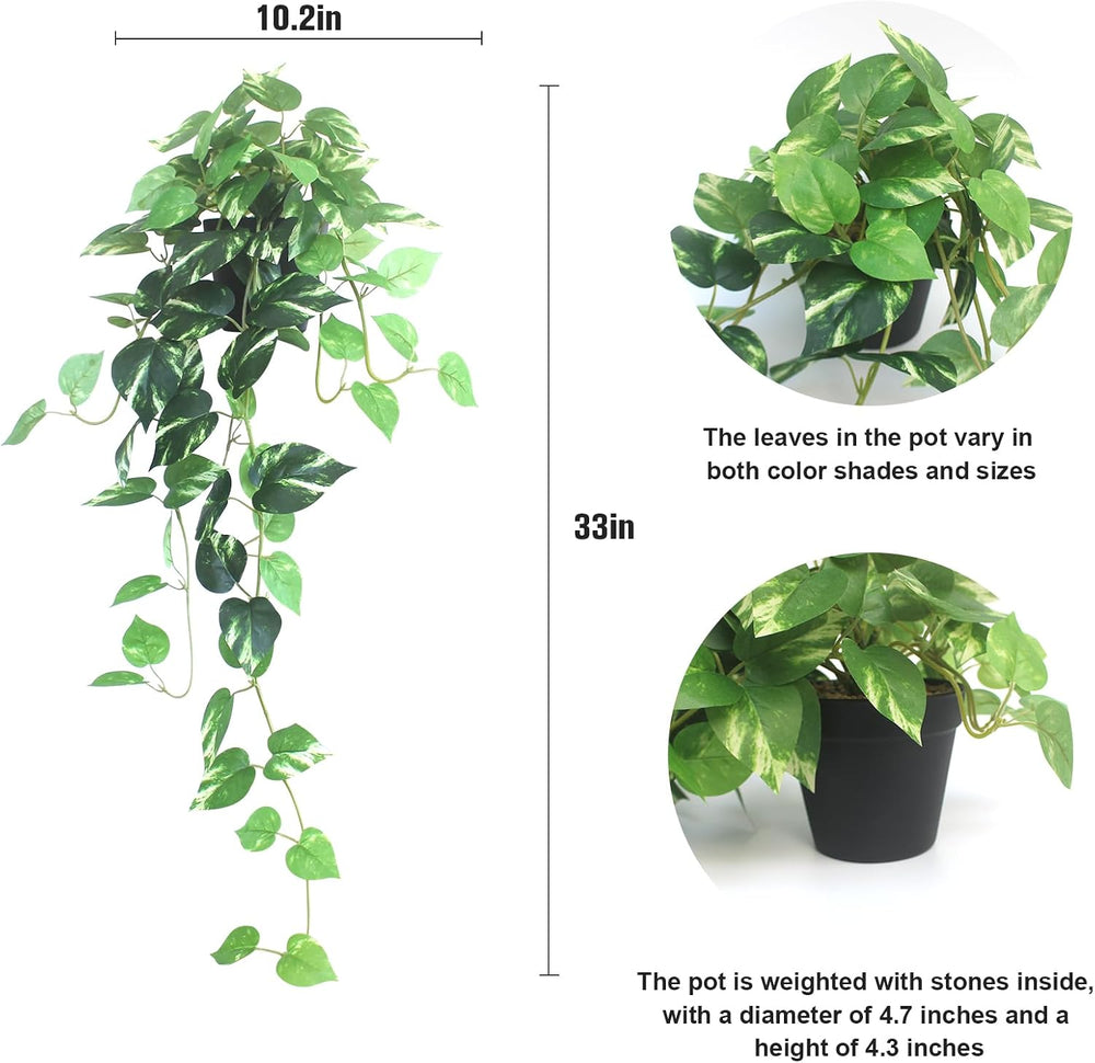 Fake Pothos Hanging Plants - 33" Set of 2 Artificial Silk Ivy Vines with...
