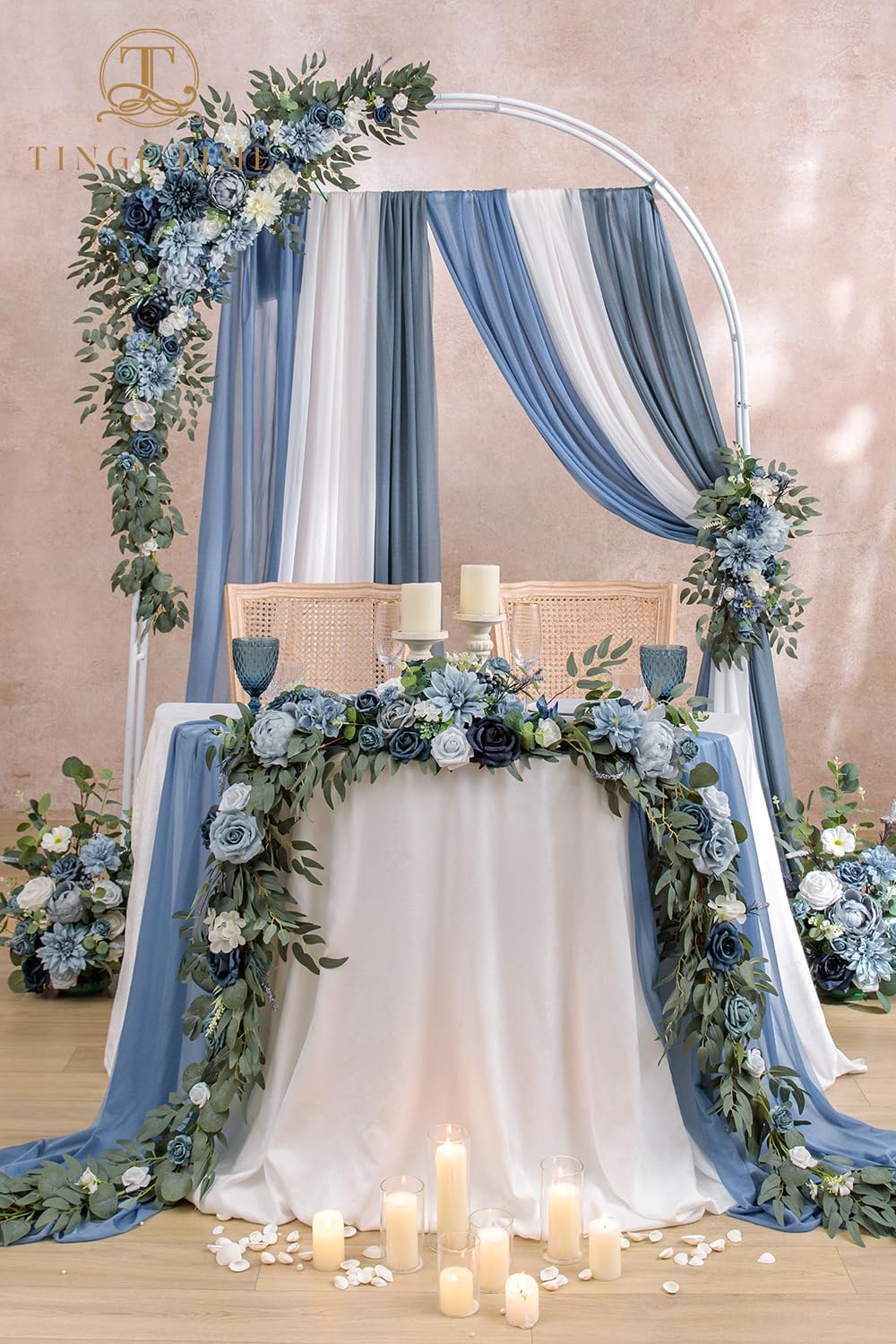 TINGE TIME 9FT Flower Garland with Rose, Handcrafted Eucalyptus Floral Garland for Wedding Sweetheart Table, Wedding Arch Flowers for Backdrop Head Table Decor Ceremony Reception (Dustyblue)