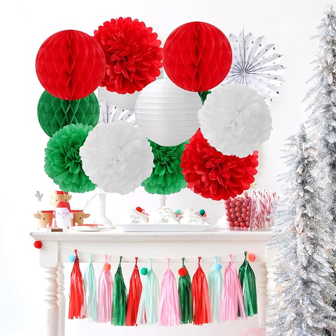 Red-Green White Party Decorations - 14pcs Winter Birthday New Year Paper Lanterns Fan,Italian Tissue Pom Poms Streamers,Honeycomb Balls, Wedding Baby Shower Decor Lasting Surprise