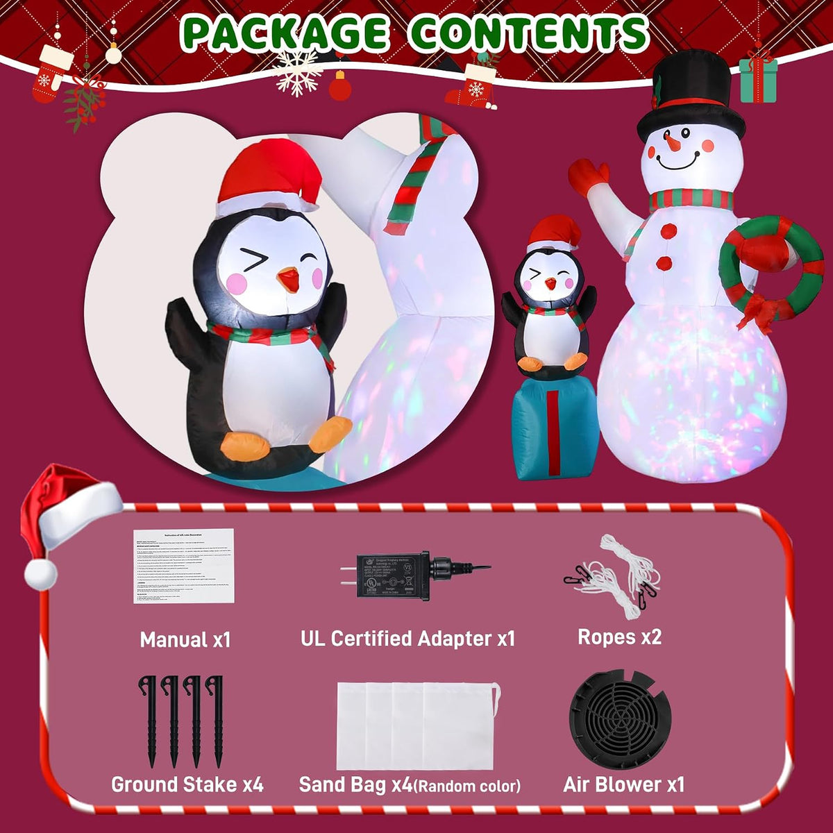7FT Christmas Snowman Inflatables Decoration with LED Lights, Blow Up Outdoor Decoration for Christmas Party, Holiday Xmas Inflatables Present, Great Decor for Outhouse Lawn Yard Garden