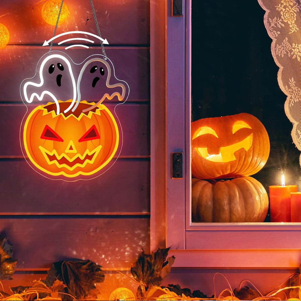 Halloween Waving Ghost Pumpkin Neon Sign Flashing Neon Window Light