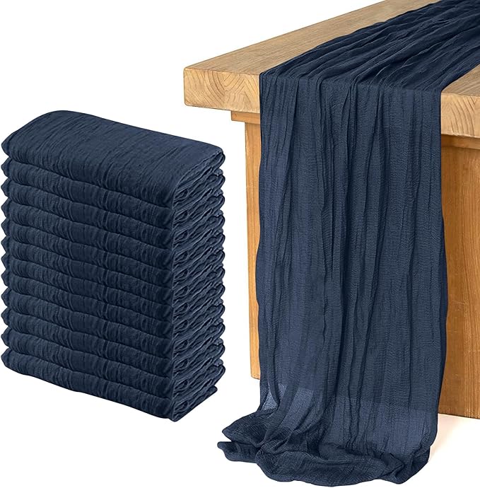 12 Pack Cheesecloth Table Runner 10Ft Christmas Gauze Boho Table Runners for Wedding Decor Bridal Shower Decorations Baby Shower Party(35" x 120")(Navy)