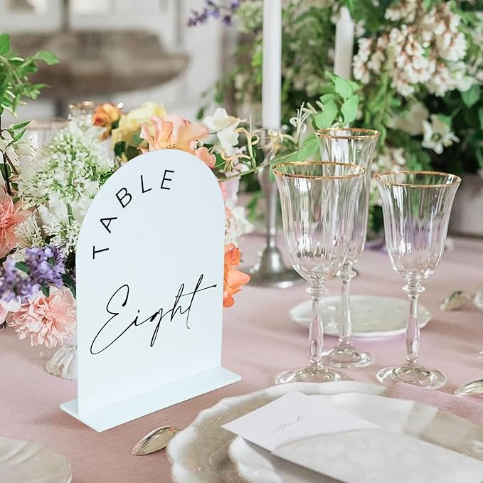 JINMURY White Arch Wedding Table Numbers 1-20 with Stands, 5x7 Inch Acrylic Arch Sign with Black Lettering, White Acrylic Table Numbers for Wedding Reception