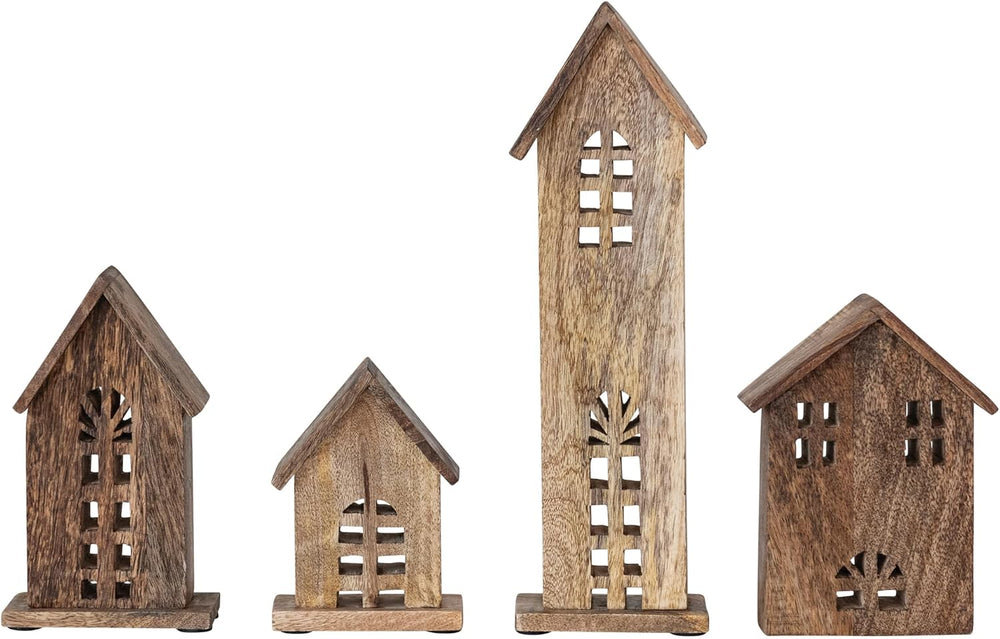 Creative Co-Op Decorative Carved Mango Wood Houses, Natural, Set of 4