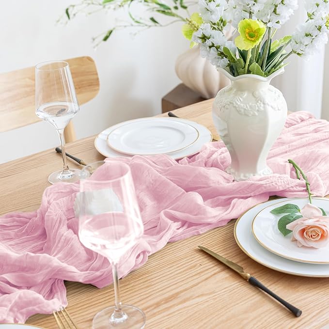 Asee'm 12pcs Cheesecloth Table Runner 120 Inches Blushing Pink Boho Gauze Cheese Cloth Runner 10FT Rustic Sheer Table Runners for Summer Wedding Baby Shower Holiday Party Decoration