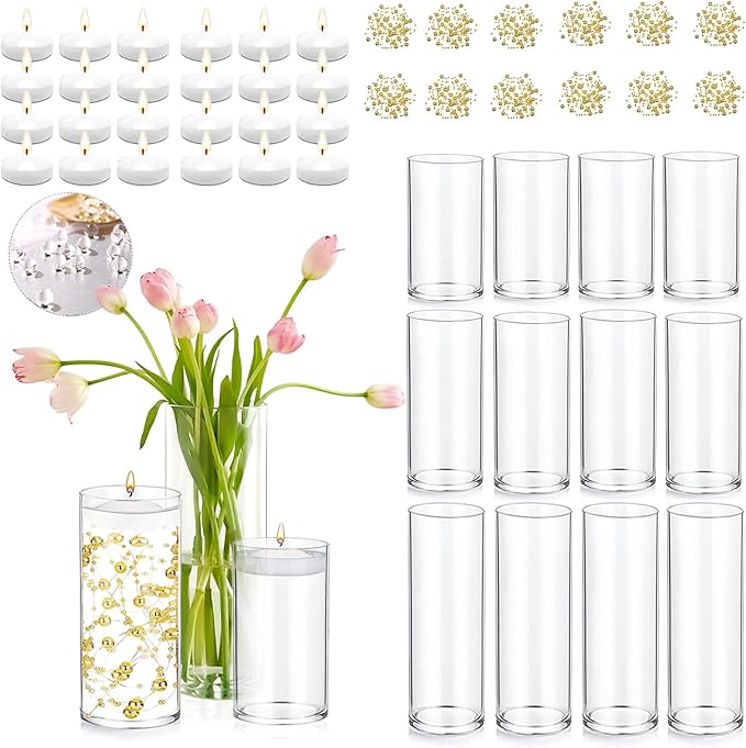 Set of 12 Glass Cylinder Vases for Centerpieces with 8 Pack Vase filler 12 Pearl String 24 White Floating Candles for Centerpieces, Table Center pieces for Wedding Party Home Decor 5, 6, 8 Inch