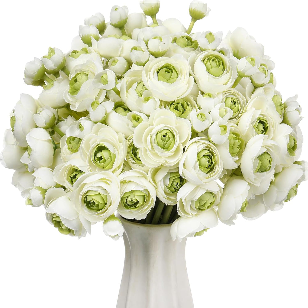 Giegxin 48 Pcs Ranunculus Artificial Flower, White,Green