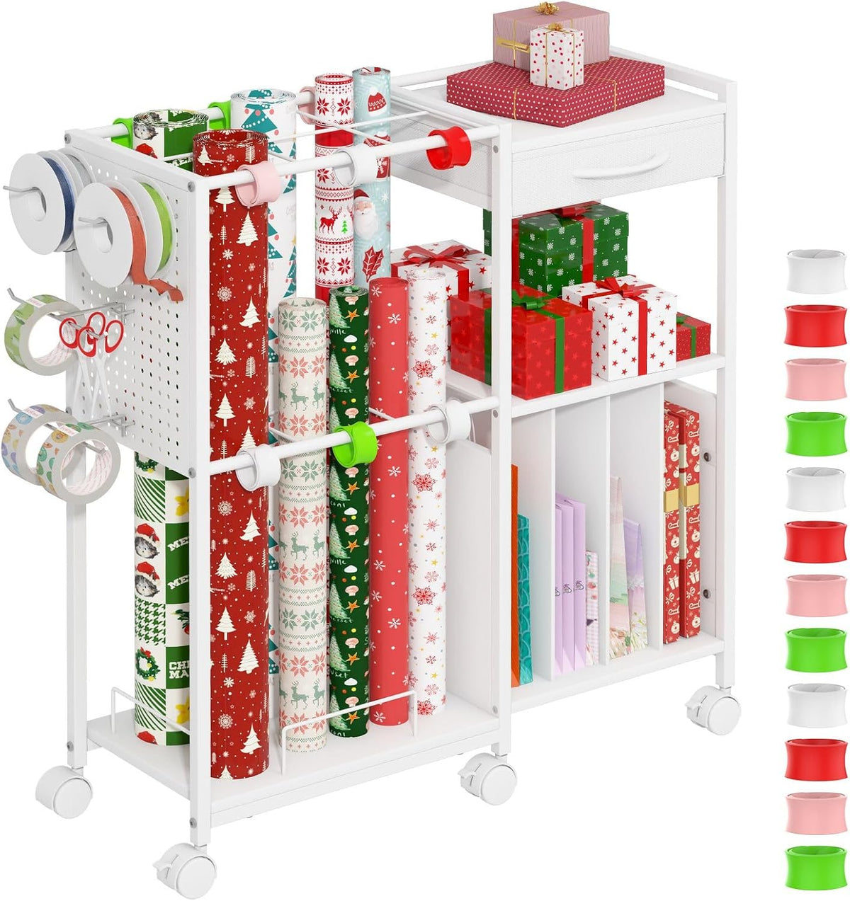 Wrapping Paper Storage Cart, Rolling Gift Wrap Station with Drawer & Hooks