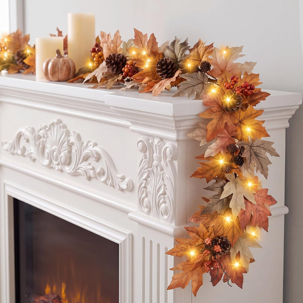 9 FT Lighted Fall Garland with Lights Autumn Automatic ON/Off Timer