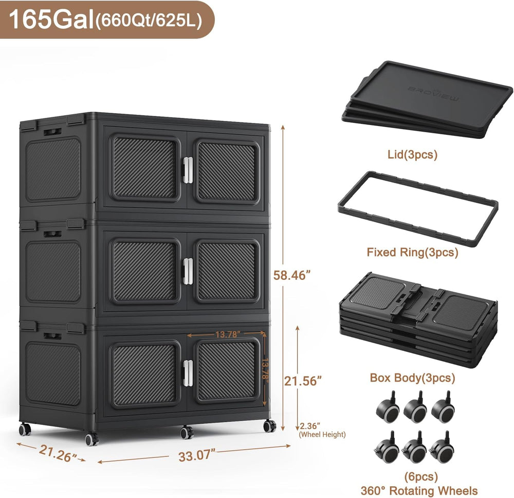 BROVIEW 660qt Extra Large Stackable Storage Bins with Lids Black 3 Pack