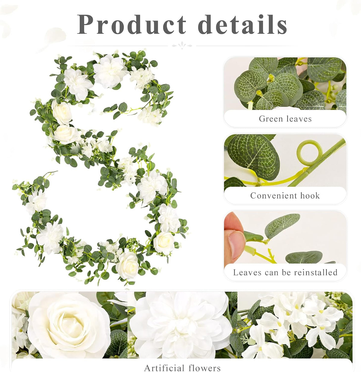 Findosom Total 12.4Ft Artificial Flowers Garlands for Decoration, White