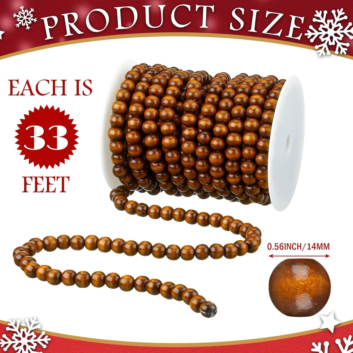 giegxin 2 pcs brown christmas wood bead garland, close-up detail