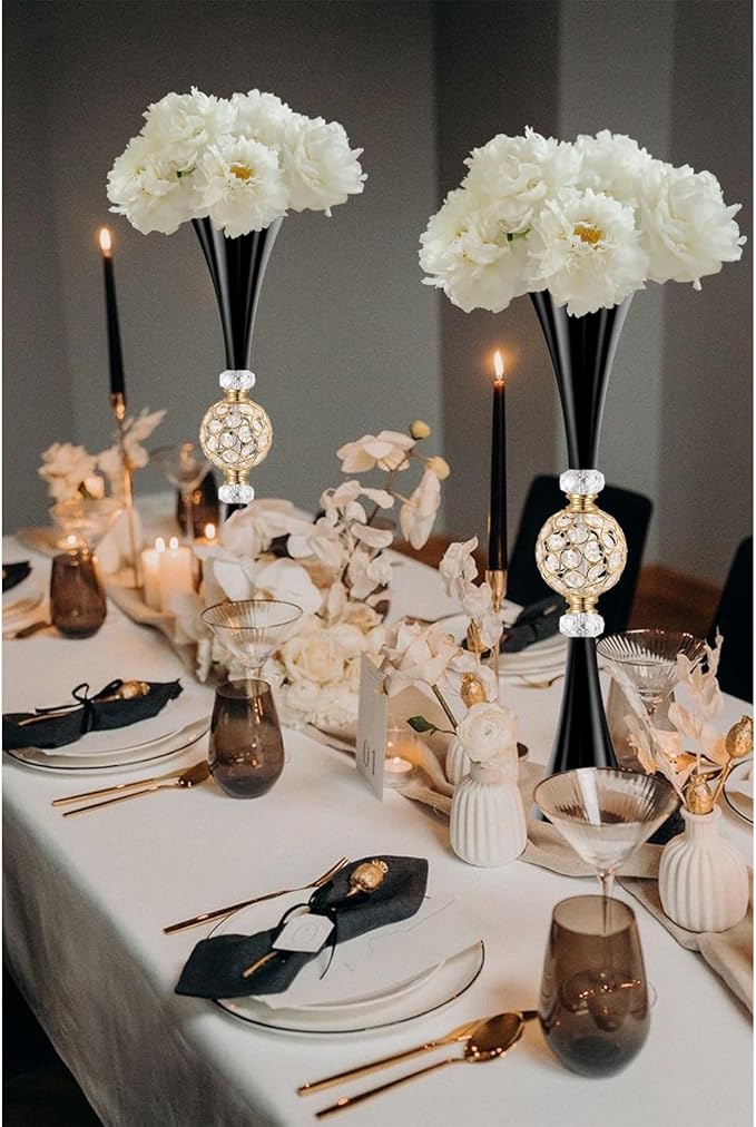 VIJIV Black Tall Crystal Flower Vases for Centerpiece - 28'' Large Trumpet Vase for Bouquet Skinny Decorative, Floor Vase Flower Stand for Party Event, Dining Table Décor, Bridal Shower, Wedding