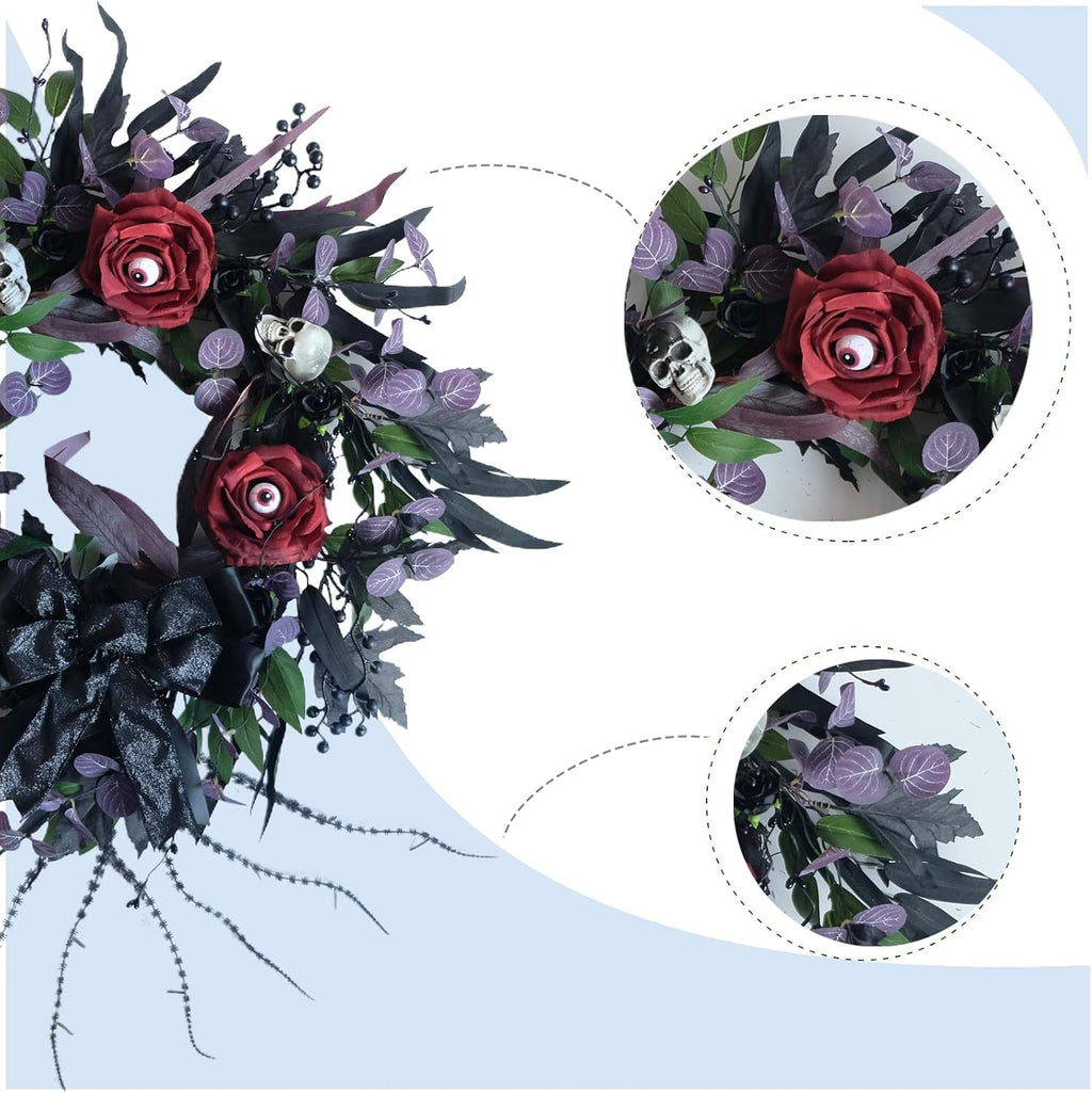 22 inch halloween wreath with black roses skeleton shown in use