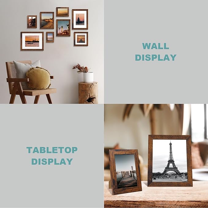8x12 Picture Frame Set of 4 with High Definition Real Glass, Display 6x8 Pictures with Mat or 8 x 12 Without Mat, Wood Rustic Photo Frames for Tabletop and Wall Mounting