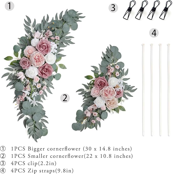 ponatia Small Wedding Arch Flowers (Pack of 2), Artificial Dusty Rose Flowers for Wedding Welcome Signs Decorations and Arch Flower for Wedding Ceremony Reception (Dusty Rose & Blush)