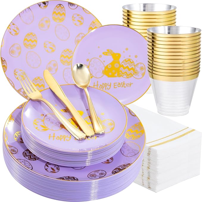 Festiva 175Pcs Easter Plates and Napkins Disposable - Purple and Gold Plastic Dinnerware Set for 50 guests include 50 Plates 25Cups 25Plastic Silverware 25Napkins Perfect for Easter Party
