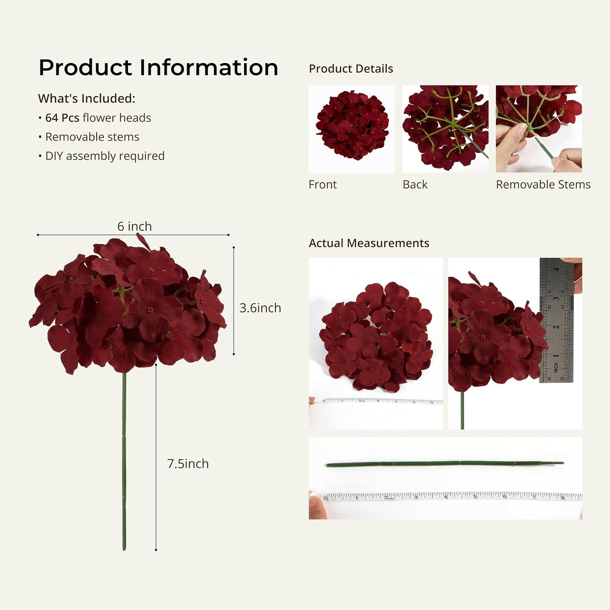 Auihiay 64Pcs Burgundy Hydrangea Artificial Flowers Bulk, Silk Hydrangeas